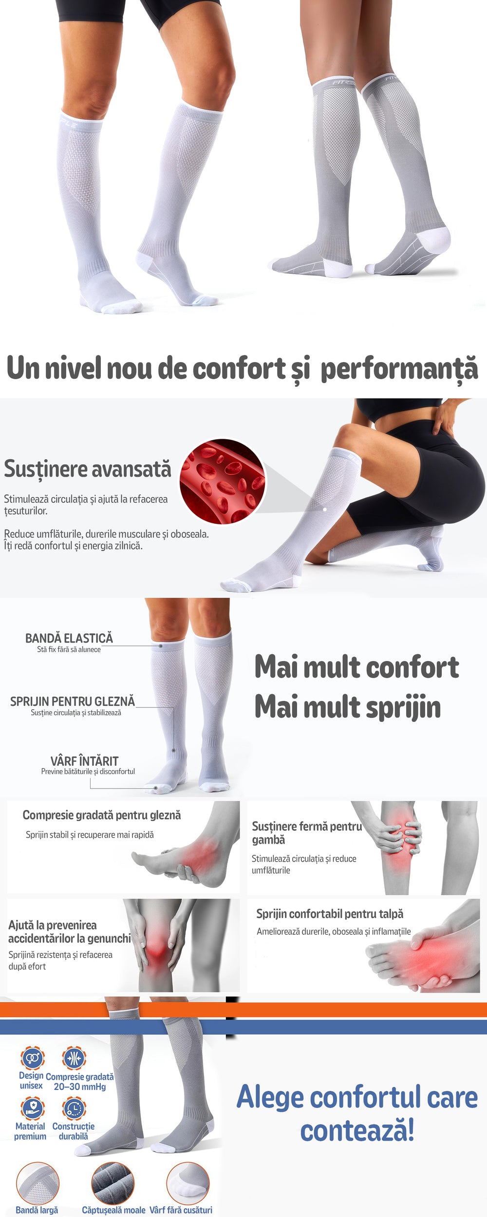 Set 3 perechi Ciorapi Compresivi Medicali MONDESA®, 20–30 mmHg, Sustin circulatia, Reduc oboseala picioarelor, Previn varicele si edemele, Sosete Compresive Ideale in sarcina si calatorii, Unisex, Gri/Alb - Features