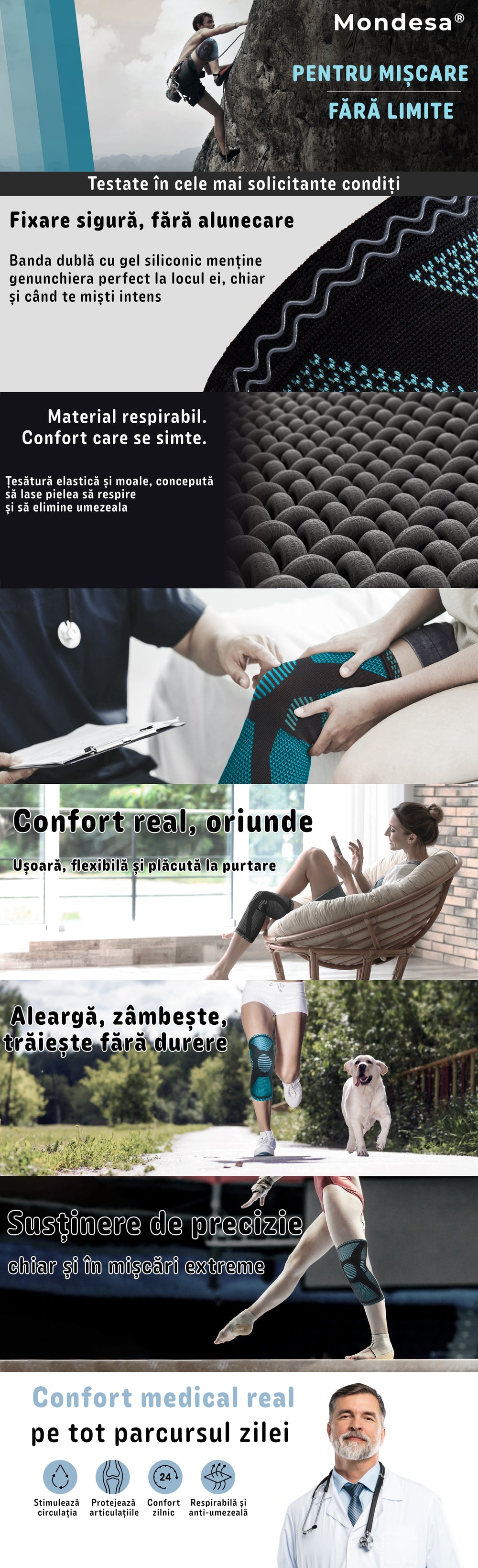 Genunchiera elastica profesionala MONDESA®, Sustinere Ortopedica si Protectie Medicala pentru Articulatii, Menisc si Rotula, Amelioreaza Durerile de Genunchi, Unisex - Features