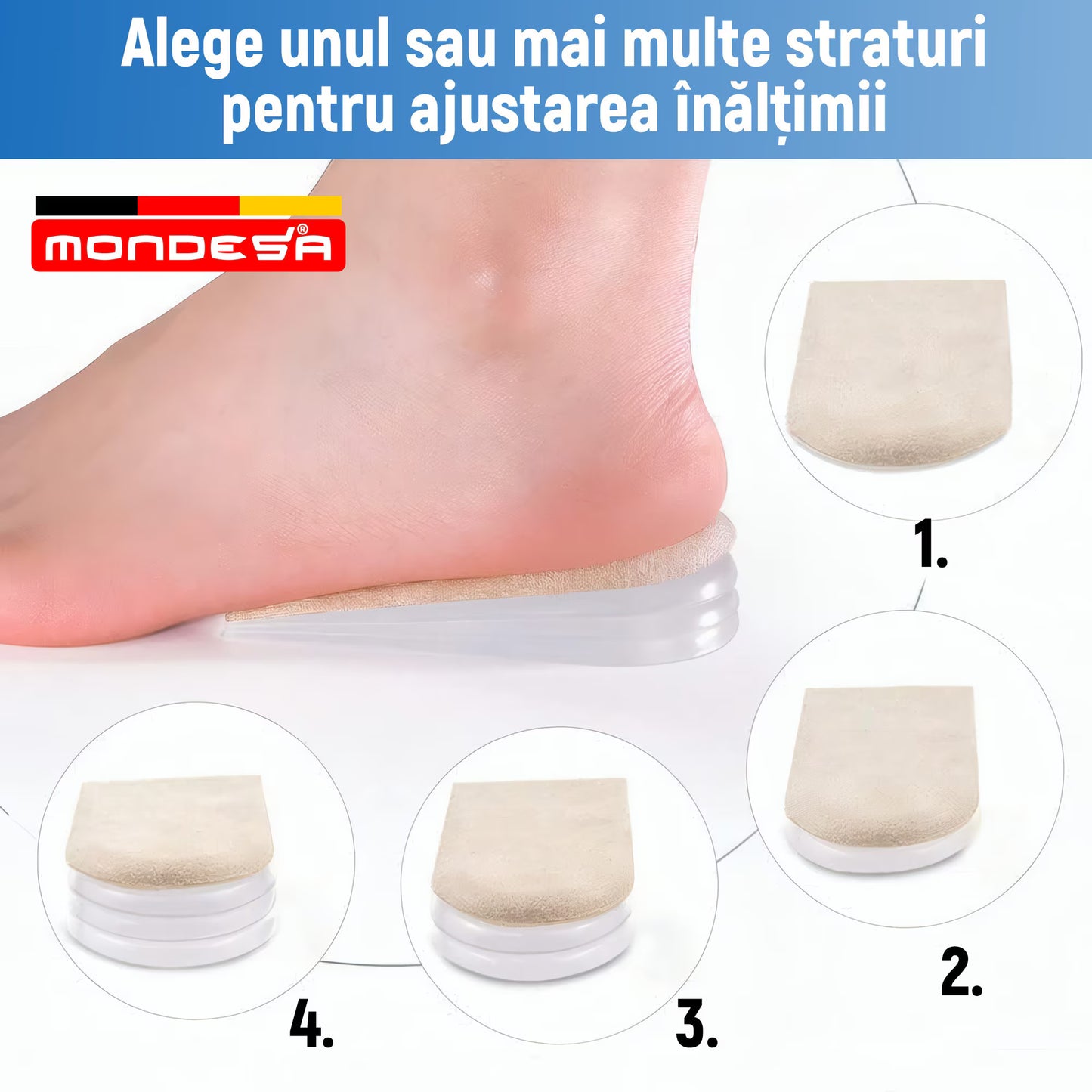 Set 2 Branturi Ortopedice Inaltatoare MONDESA®, Talonete Ortopedice cu Gel pentru Picioare Obosite, Platfus si Pinteni calcaneeni, Suport Plantar si Calcai, Inaltime Ajustabila 0.5-1.5cm, Marime ajustabila