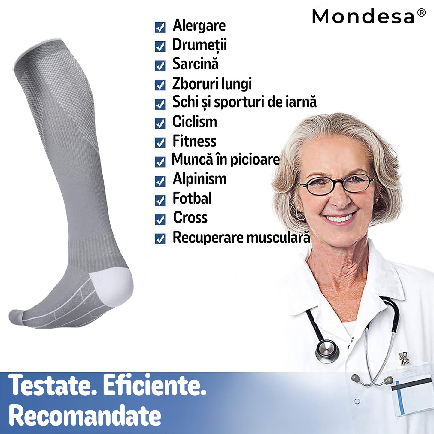 Set 3 perechi Ciorapi Compresivi Medicali MONDESA®, 20–30 mmHg, Sustin circulatia, Reduc oboseala picioarelor, Previn varicele si edemele, Sosete Compresive Ideale in sarcina si calatorii, Unisex, Gri/Alb