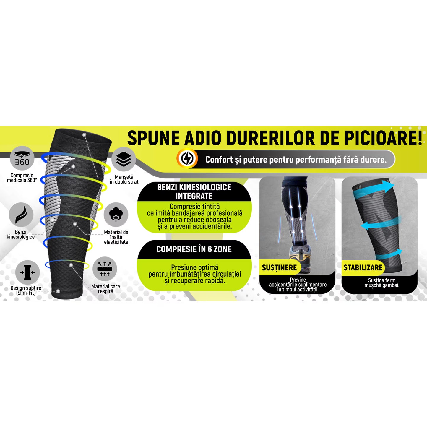 Set 2 Jambiere Compresive MONDESA®, Protectie Gambe Sport, Alergare, Fotbal, Ciclism, Recuperare Medicala, Varice, Edeme, Suport Muscular, Material Respirabil, Unisex, Negru/Gri, Premium