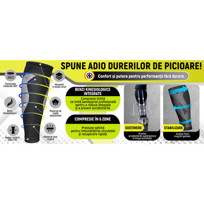 Set 2 Jambiere Compresive MONDESA®, Protectie Gambe Sport, Alergare, Fotbal, Ciclism, Recuperare Medicala, Varice, Edeme, Suport Muscular, Material Respirabil, Unisex, Negru/Gri, Premium