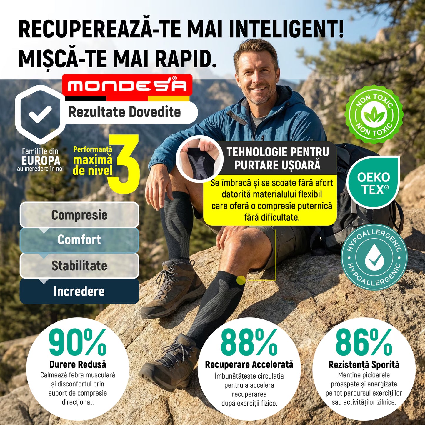 Set 2 Jambiere Compresive MONDESA®, Protectie Gambe Sport, Alergare, Fotbal, Ciclism, Recuperare Medicala, Varice, Edeme, Suport Muscular, Material Respirabil, Unisex, Negru/Gri, Premium