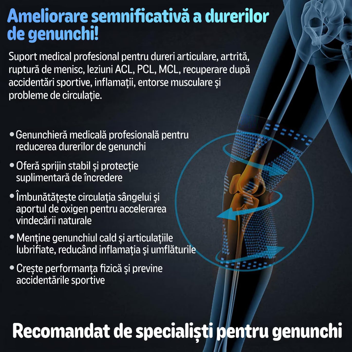 Genunchiera elastica profesionala MONDESA®, Sustinere Ortopedica si Protectie Medicala pentru Articulatii, Menisc si Rotula, Amelioreaza Durerile de Genunchi, Unisex