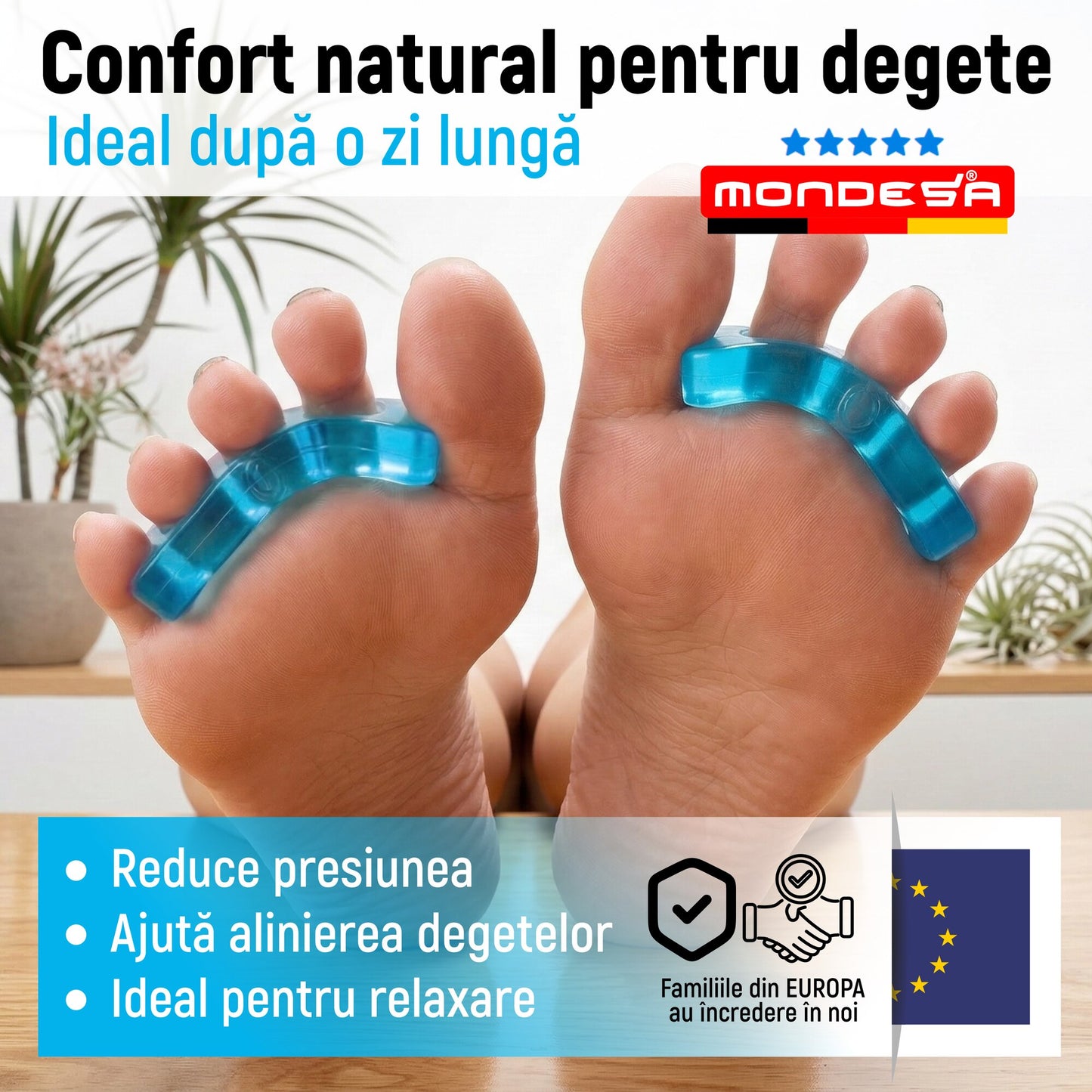 Set 4 Separatoare Corectie Pozitie Degete Picior Gel MONDESA® Corector Monturi Hallux Valgus, Protectie Mont si Talpa, Deget in Ciocan, Separator Degete Pedichiura, Albastru, Unisex, Marime Universal