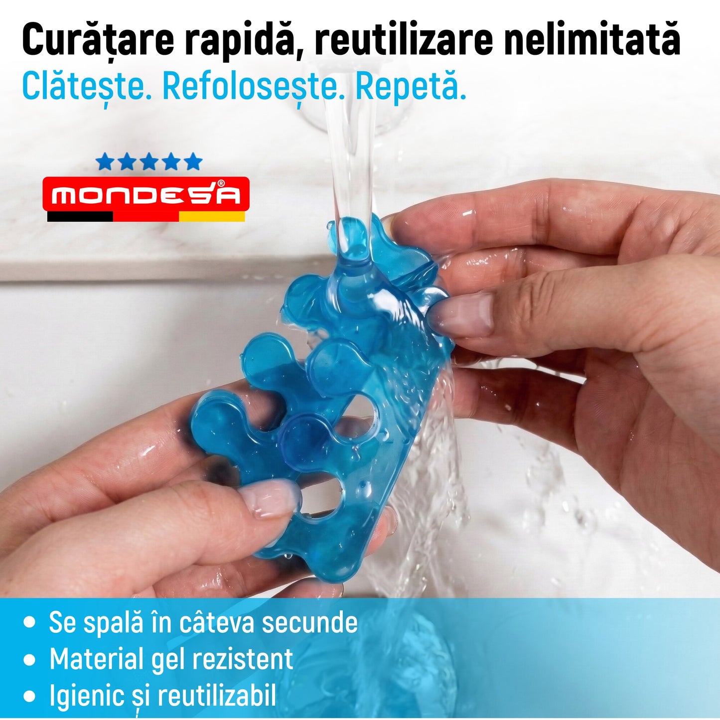 Set 4 Separatoare Corectie Pozitie Degete Picior Gel MONDESA® Corector Monturi Hallux Valgus, Protectie Mont si Talpa, Deget in Ciocan, Separator Degete Pedichiura, Albastru, Unisex, Marime Universal