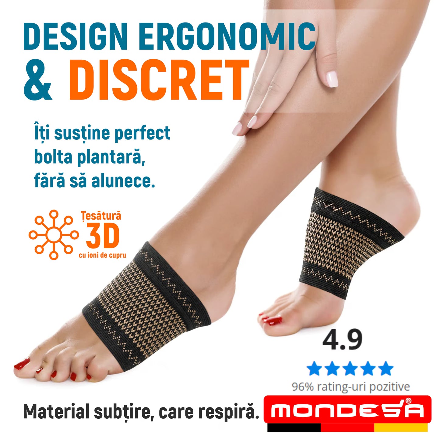 Set 2 Talonete Ortopedice si Compresive MONDESA®, Sustinere Bolta Plantara si Arcada, Suport Elastic pentru Fasceita Plantara, Platfus, Dureri de Calcaie, Marime Universala, Unisex, Negru/Auriu