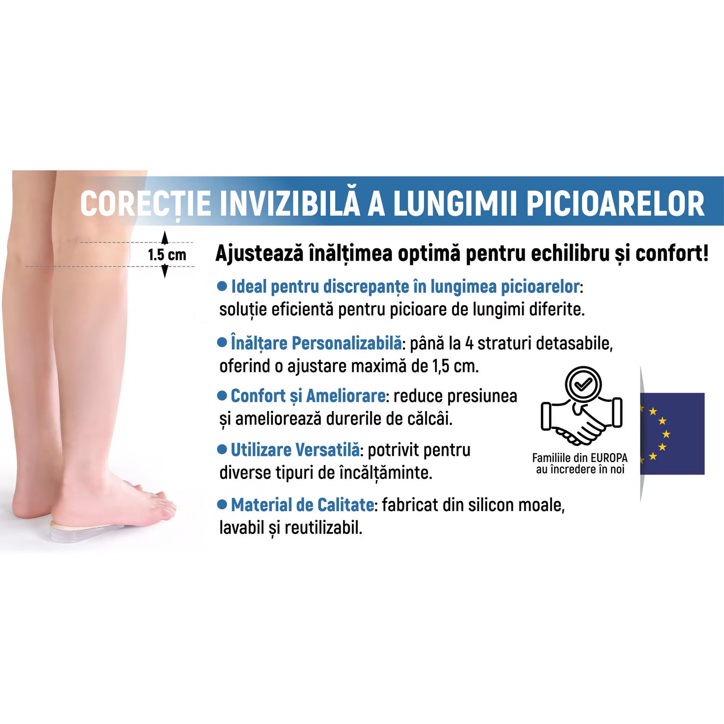 Set 2 Branturi Ortopedice Inaltatoare MONDESA®, Talonete Ortopedice cu Gel pentru Picioare Obosite, Platfus si Pinteni calcaneeni, Suport Plantar si Calcai, Inaltime Ajustabila 0.5-1.5cm, Marime ajustabila