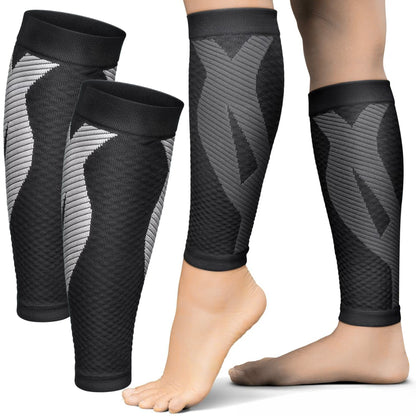 Set 2 Jambiere Compresive MONDESA®, Protectie Gambe Sport, Alergare, Fotbal, Ciclism, Recuperare Medicala, Varice, Edeme, Suport Muscular, Material Respirabil, Unisex, Negru/Gri, Premium