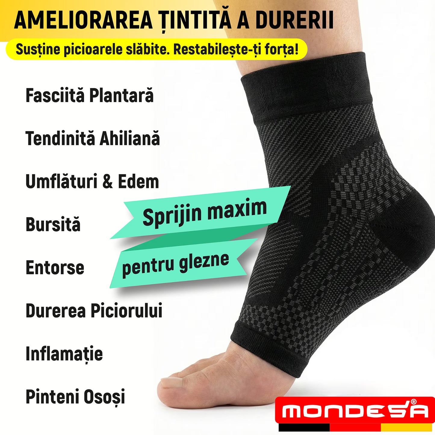 Set 2 Glezniere Compresive MONDESA®, Glezniera Elastica, Suport Glezna si Bolta Plantara, Orteza Fasceita Plantara, Sport, Recuperare Medicala, Edeme, Material Respirabil, Premium, Negru