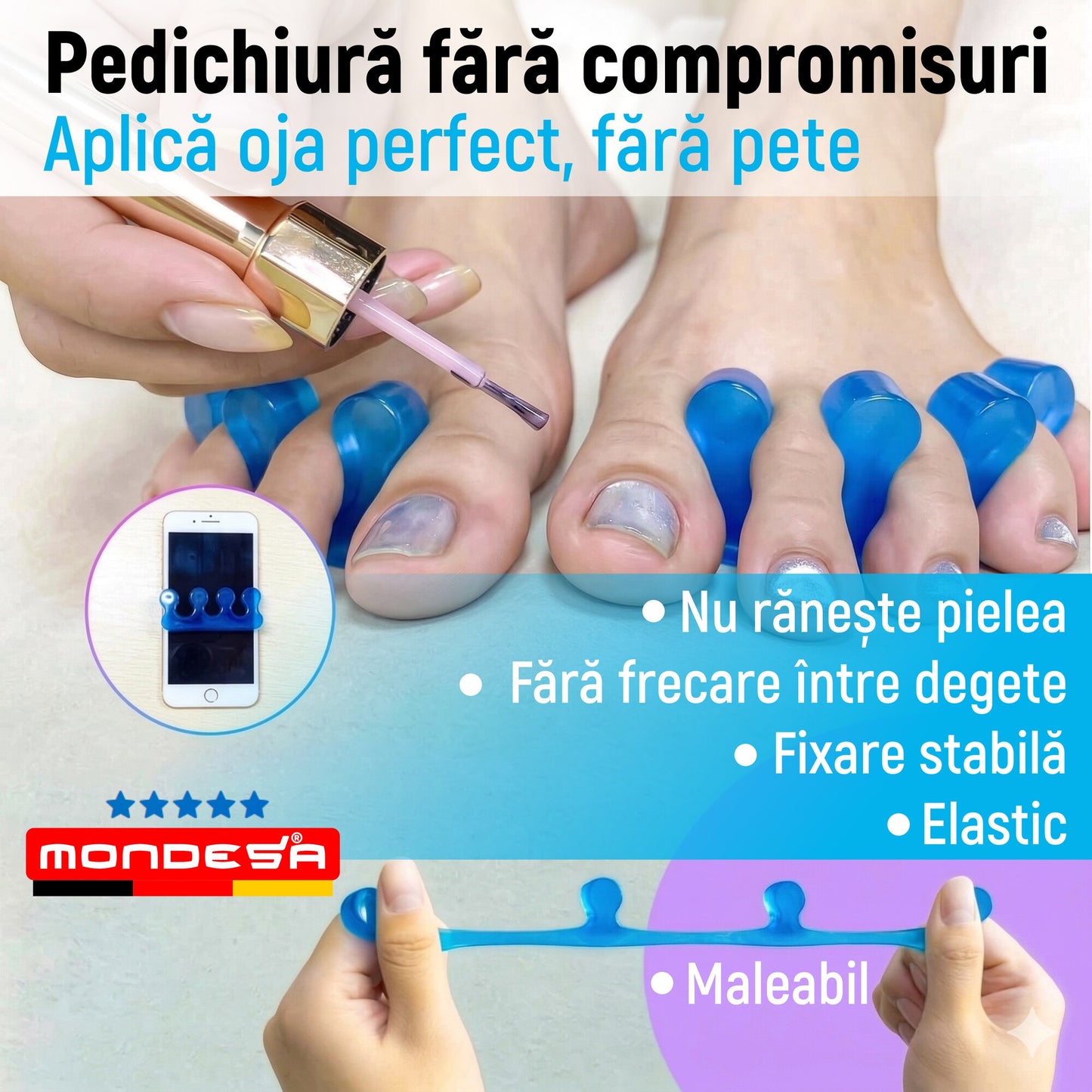 Set 4 Separatoare Corectie Pozitie Degete Picior Gel MONDESA® Corector Monturi Hallux Valgus, Protectie Mont si Talpa, Deget in Ciocan, Separator Degete Pedichiura, Albastru, Unisex, Marime Universal
