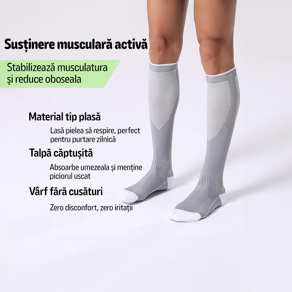Set 3 perechi Ciorapi Compresivi Medicali MONDESA®, 20–30 mmHg, Sustin circulatia, Reduc oboseala picioarelor, Previn varicele si edemele, Sosete Compresive Ideale in sarcina si calatorii, Unisex, Gri/Alb
