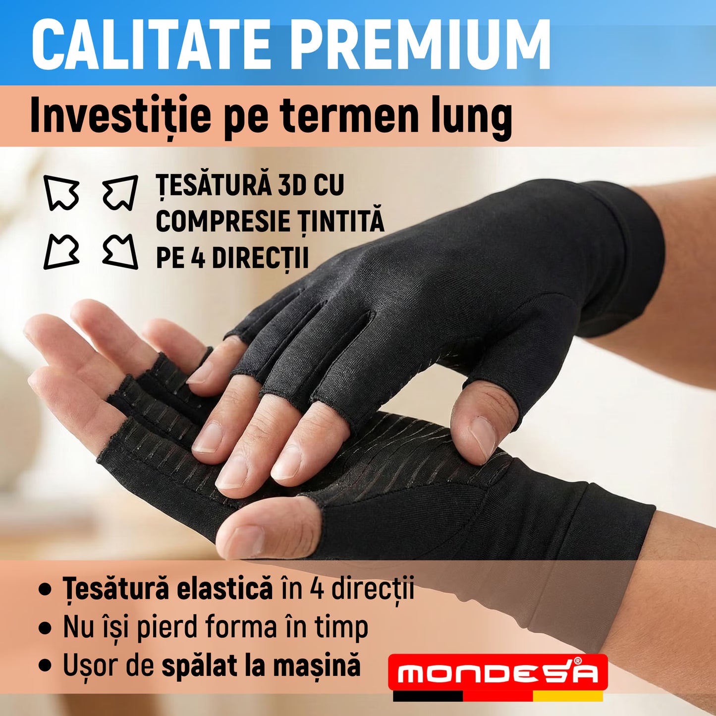 Set 2 Manusi Compresie MONDESA®, Manusi Artrita, Manusi Elastice pentru Dureri Articulare, Reumatism, Reabilitare, Tunel Carpian, Material Respirabil, Calitate Premium, Unisex, Negru