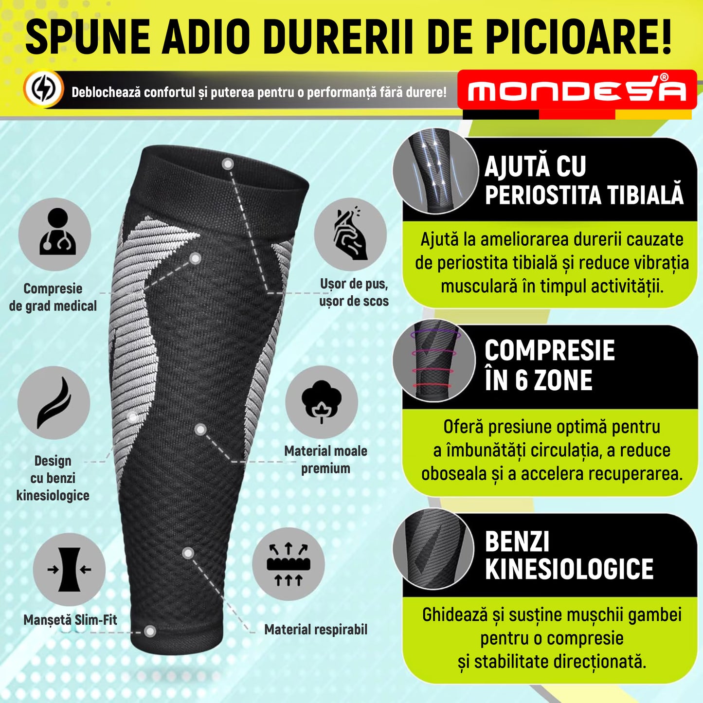 Set 2 Jambiere Compresive MONDESA®, Protectie Gambe Sport, Alergare, Fotbal, Ciclism, Recuperare Medicala, Varice, Edeme, Suport Muscular, Material Respirabil, Unisex, Negru/Gri, Premium