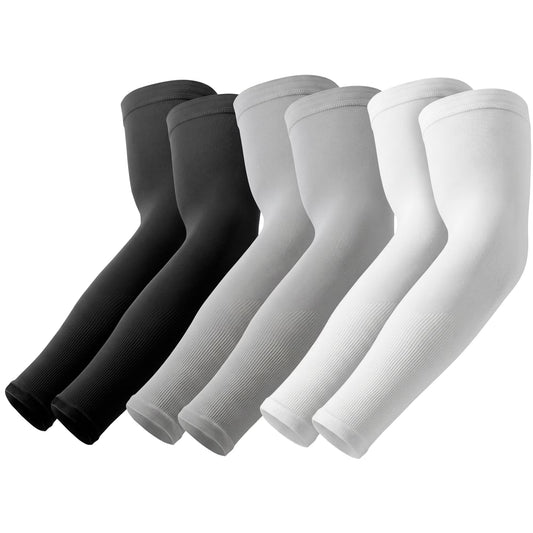 Set 3 Perechi Maneci MONDESA®, Protectie Brat si Mana, Protectie UV, Acoperire Tatuaje, Maneci Sport pentru Alergare, Ciclism, Baschet, Pescuit, Marime Universala, Unisex, 6 Bucati, Alb/Negru/Gri