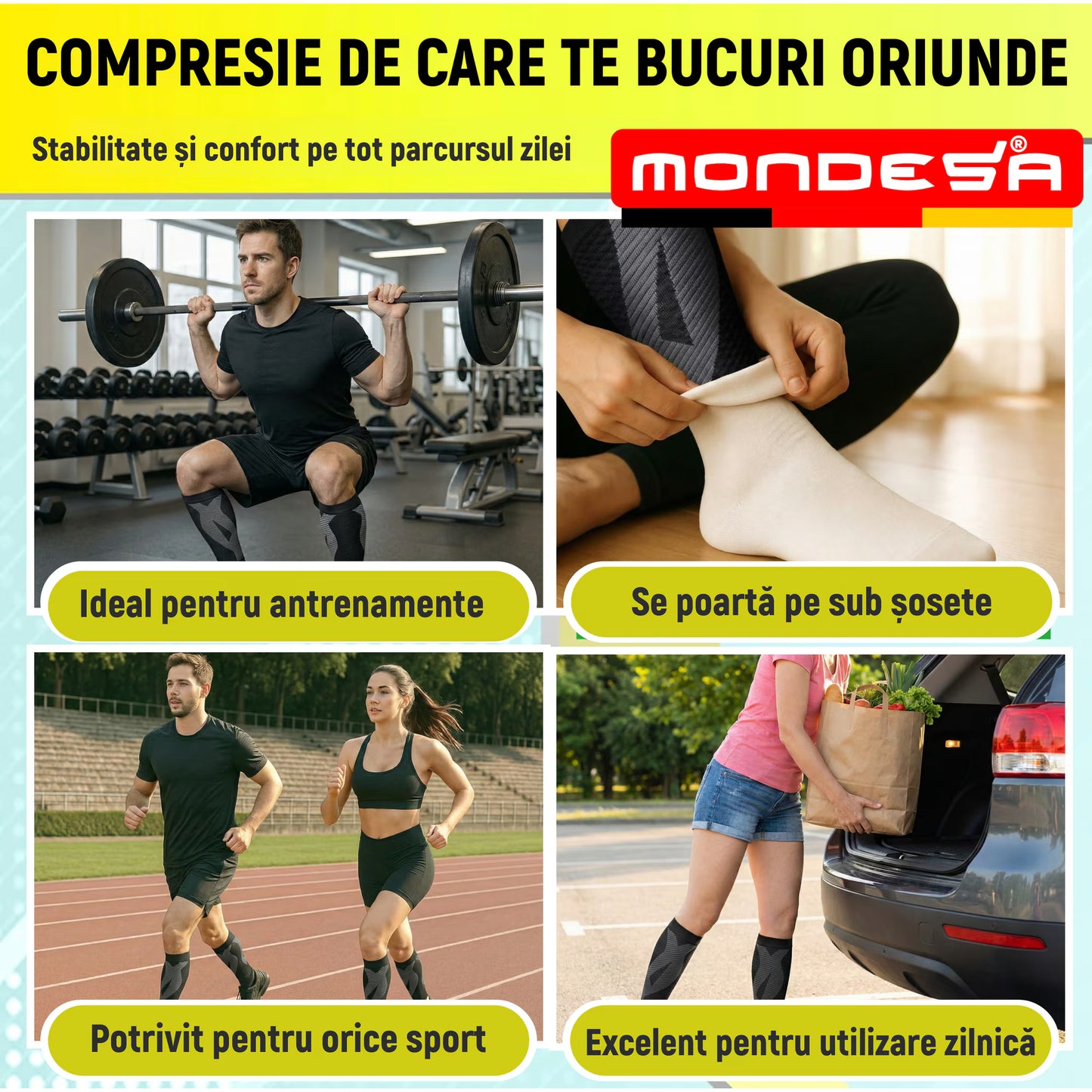 Set 2 Jambiere Compresive MONDESA®, Protectie Gambe Sport, Alergare, Fotbal, Ciclism, Recuperare Medicala, Varice, Edeme, Suport Muscular, Material Respirabil, Unisex, Negru/Gri, Premium