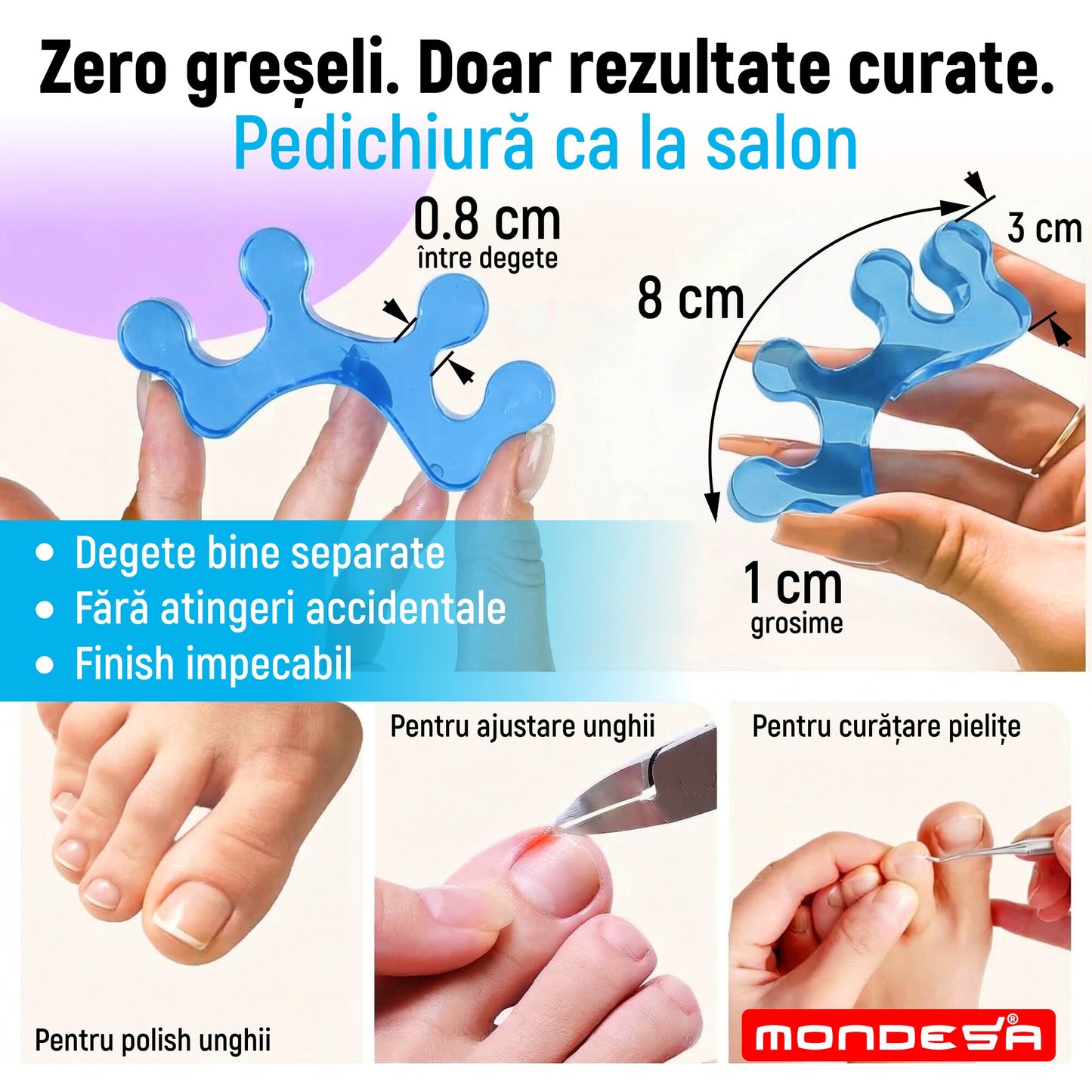 Set 4 Separatoare Corectie Pozitie Degete Picior Gel MONDESA® Corector Monturi Hallux Valgus, Protectie Mont si Talpa, Deget in Ciocan, Separator Degete Pedichiura, Albastru, Unisex, Marime Universal