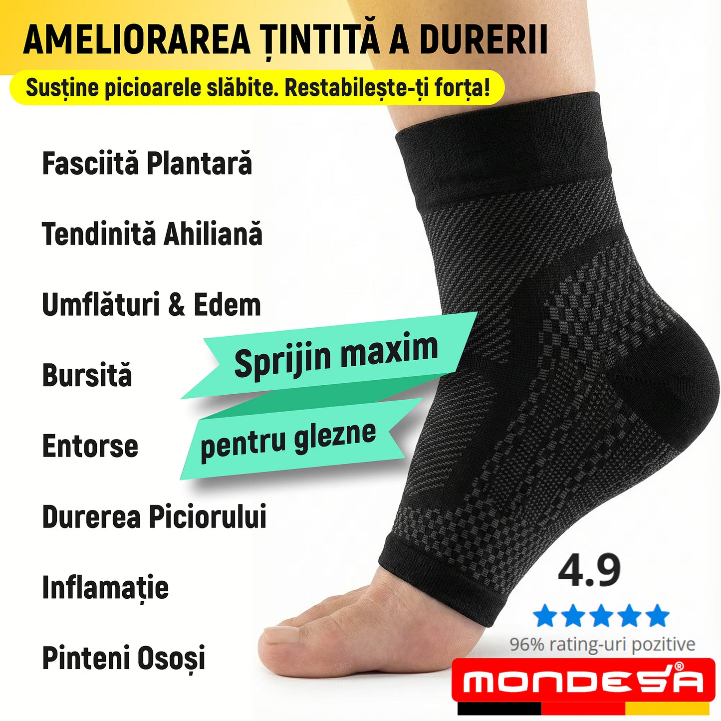 Set 2 Glezniere Compresive MONDESA®, Glezniera Elastica, Suport Glezna si Bolta Plantara, Orteza Fasceita Plantara, Sport, Recuperare Medicala, Edeme, Material Respirabil, Premium, Negru