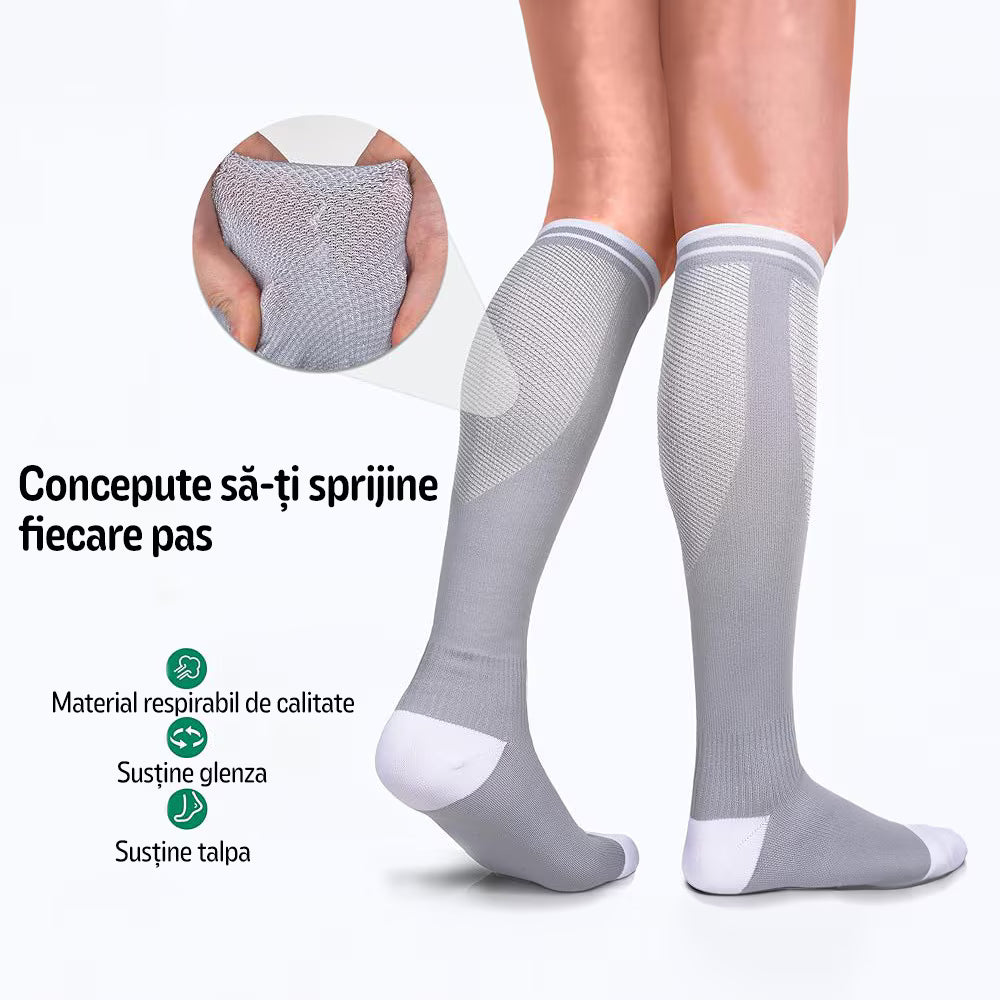 Set 3 perechi Ciorapi Compresivi Medicali MONDESA®, 20–30 mmHg, Sustin circulatia, Reduc oboseala picioarelor, Previn varicele si edemele, Sosete Compresive Ideale in sarcina si calatorii, Unisex, Gri/Alb