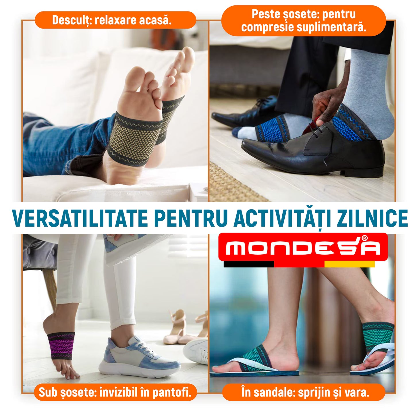 Set 2 Talonete Ortopedice si Compresive MONDESA®, Sustinere Bolta Plantara si Arcada, Suport Elastic pentru Fasceita Plantara, Platfus, Dureri de Calcaie, Marime Universala, Unisex, Negru/Auriu