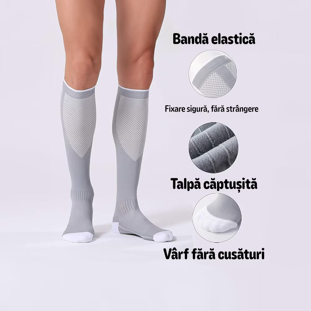 Set 3 perechi Ciorapi Compresivi Medicali MONDESA®, 20–30 mmHg, Sustin circulatia, Reduc oboseala picioarelor, Previn varicele si edemele, Sosete Compresive Ideale in sarcina si calatorii, Unisex, Gri/Alb