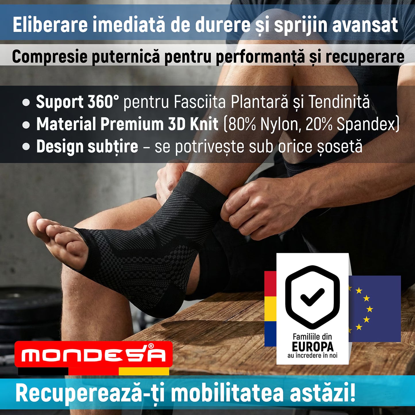 Set 2 Glezniere Compresive MONDESA®, Glezniera Elastica, Suport Glezna si Bolta Plantara, Orteza Fasceita Plantara, Sport, Recuperare Medicala, Edeme, Material Respirabil, Premium, Negru