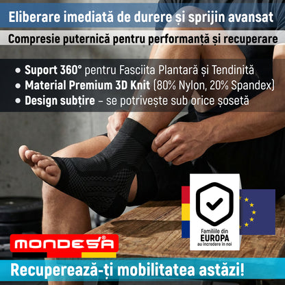 Set 2 Glezniere Compresive MONDESA®, Glezniera Elastica, Suport Glezna si Bolta Plantara, Orteza Fasceita Plantara, Sport, Recuperare Medicala, Edeme, Material Respirabil, Premium, Negru