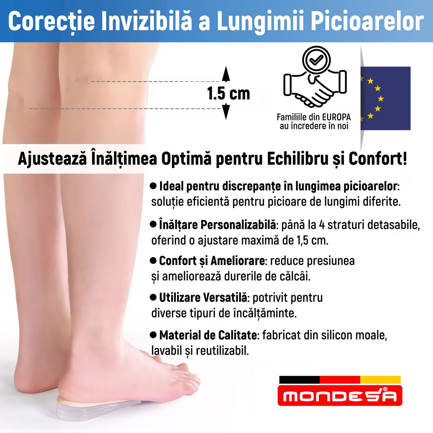 Set 2 Branturi Ortopedice Inaltatoare MONDESA®, Talonete Ortopedice cu Gel pentru Picioare Obosite, Platfus si Pinteni calcaneeni, Suport Plantar si Calcai, Inaltime Ajustabila 0.5-1.5cm, Marime ajustabila