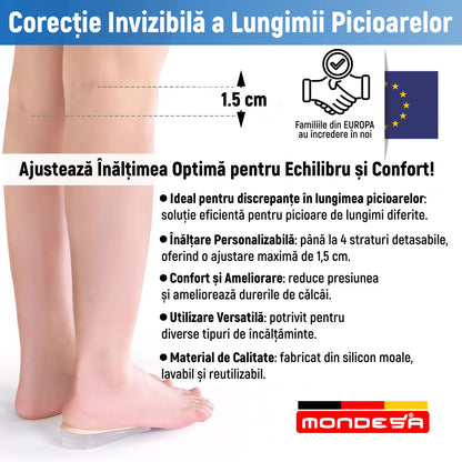 Set 2 Branturi Ortopedice Inaltatoare MONDESA®, Talonete Ortopedice cu Gel pentru Picioare Obosite, Platfus si Pinteni calcaneeni, Suport Plantar si Calcai, Inaltime Ajustabila 0.5-1.5cm, Marime ajustabila