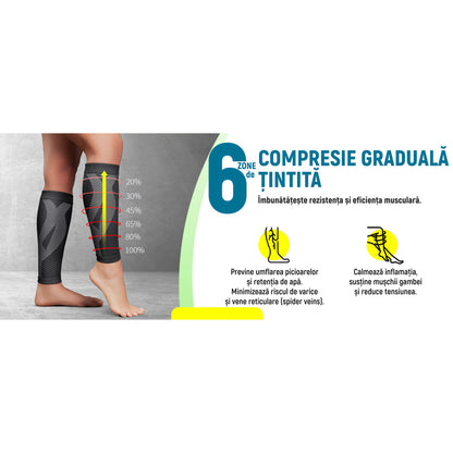 Set 2 Jambiere Compresive MONDESA®, Protectie Gambe Sport, Alergare, Fotbal, Ciclism, Recuperare Medicala, Varice, Edeme, Suport Muscular, Material Respirabil, Unisex, Negru/Gri, Premium