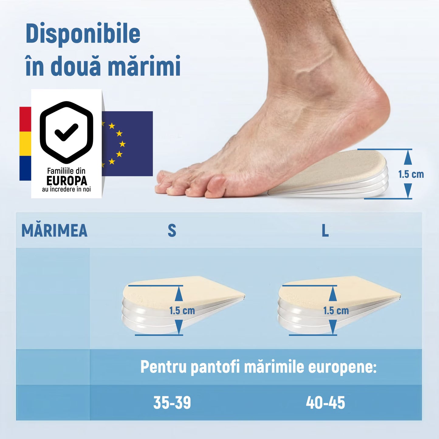 Set 2 Branturi Ortopedice Inaltatoare MONDESA®, Talonete Ortopedice cu Gel pentru Picioare Obosite, Platfus si Pinteni calcaneeni, Suport Plantar si Calcai, Inaltime Ajustabila 0.5-1.5cm, Marime ajustabila